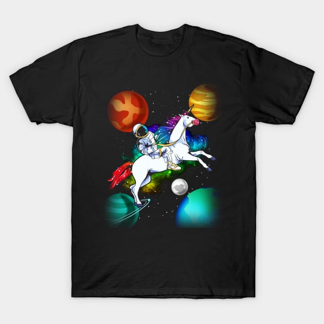 Astronaut Riding Unicorn Space Sci Fi T-Shirt by E